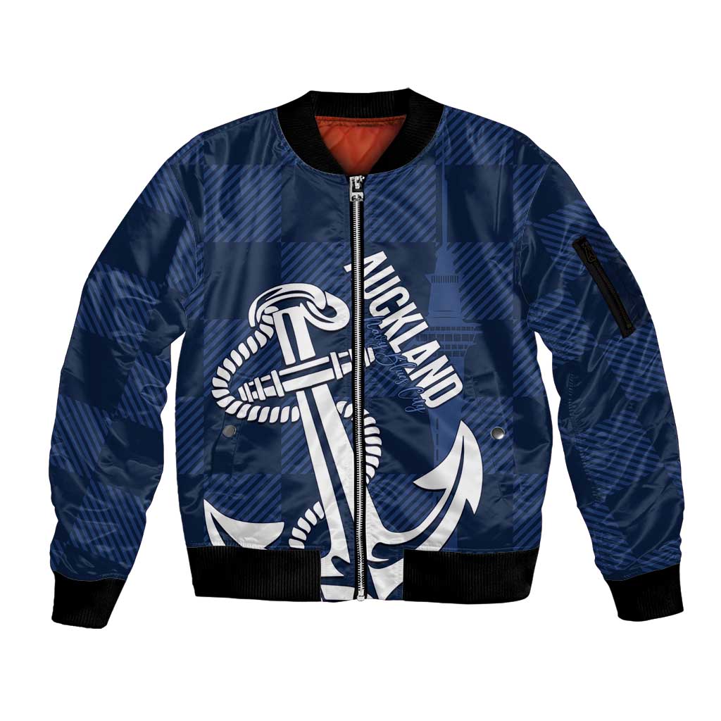 New Zealand Auckland Football Custom Sleeve Zip Bomber Jacket Navy Blue City Anchor Sky Tower Symbol LT14 Unisex Navy Blue - Polynesian Pride