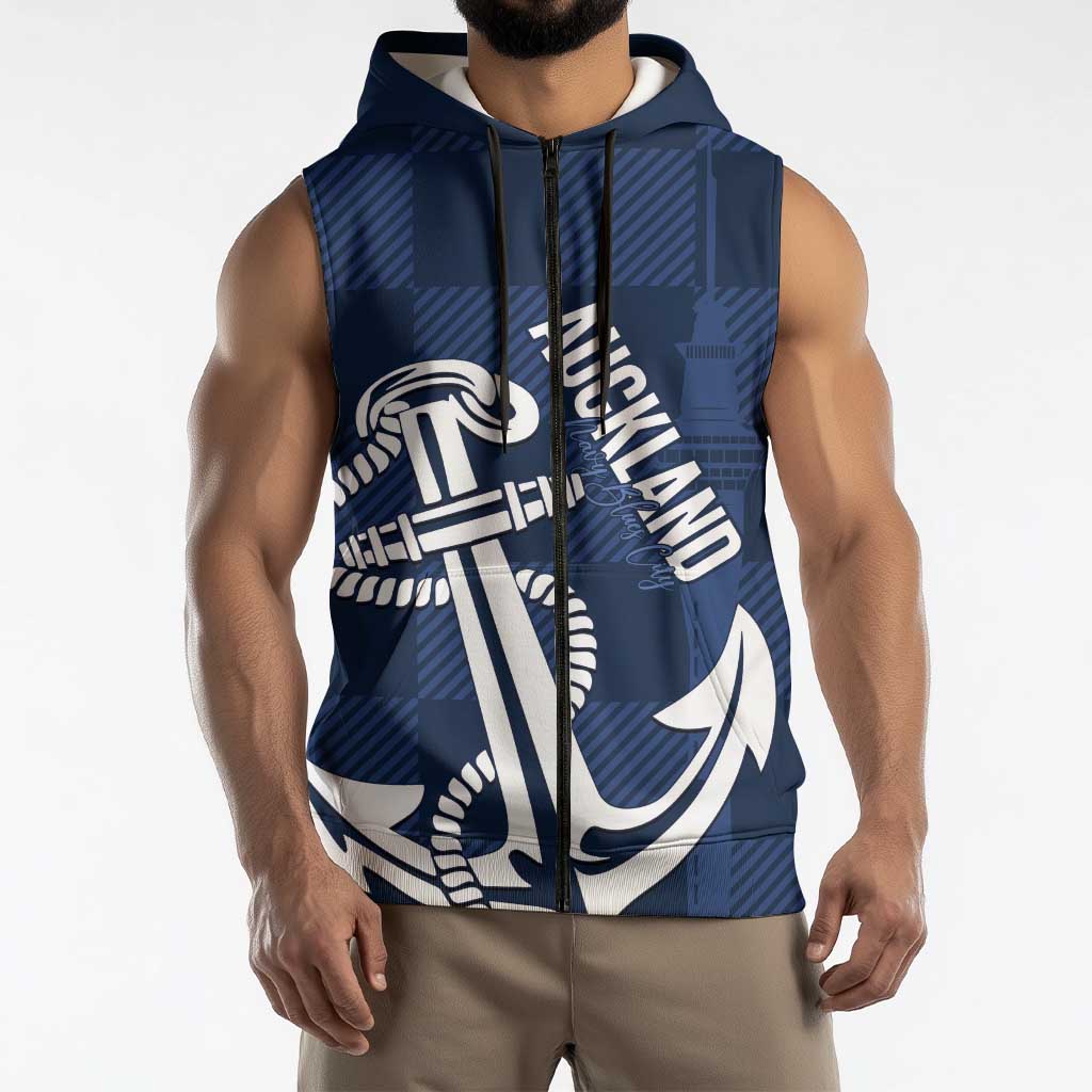New Zealand Auckland Football Custom Sleeveless Zip Hoodie Navy Blue City Anchor Sky Tower Symbol LT14 - Polynesian Pride