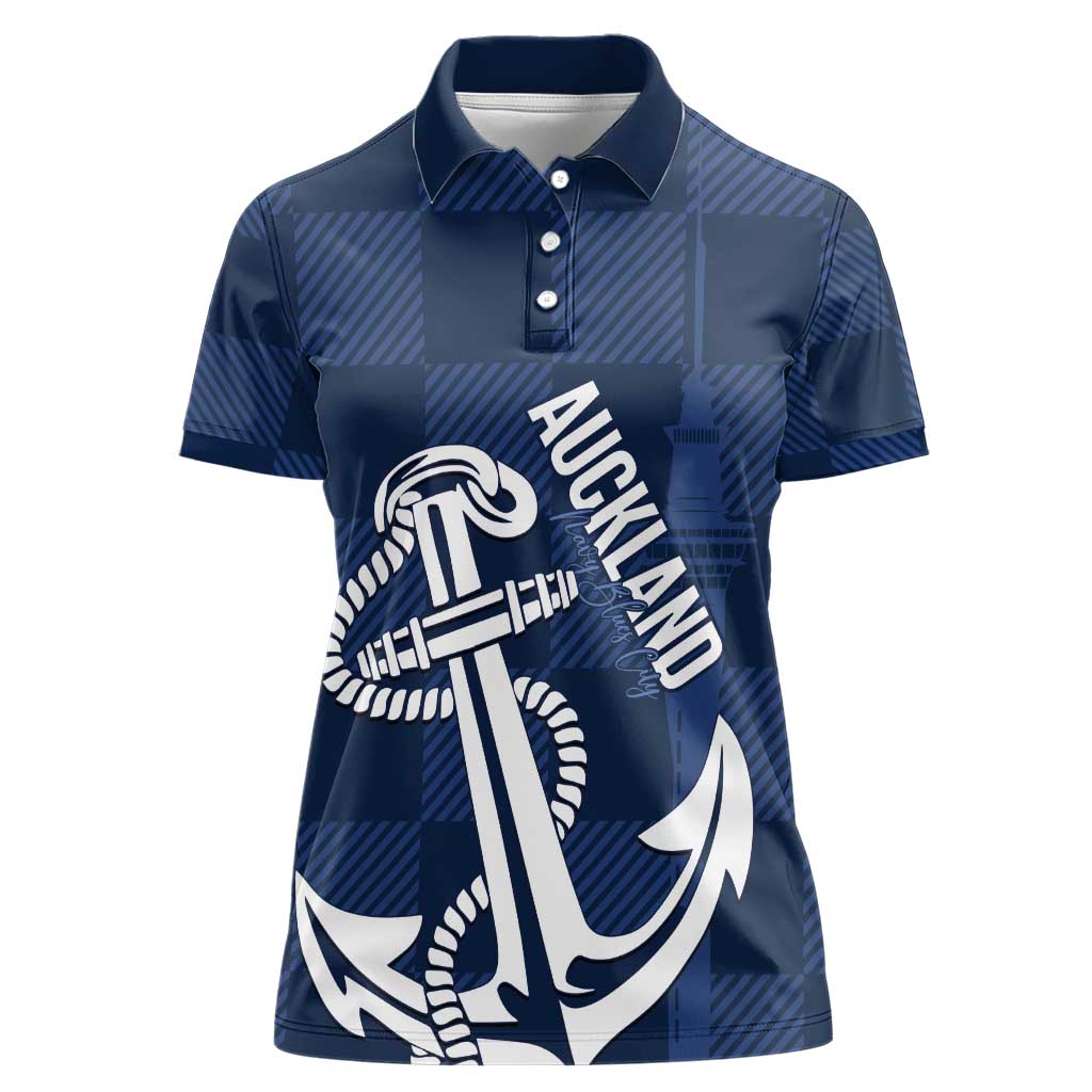 New Zealand Auckland Football Custom Women Polo Shirt Navy Blue City Anchor Sky Tower Symbol - Polynesian Pride