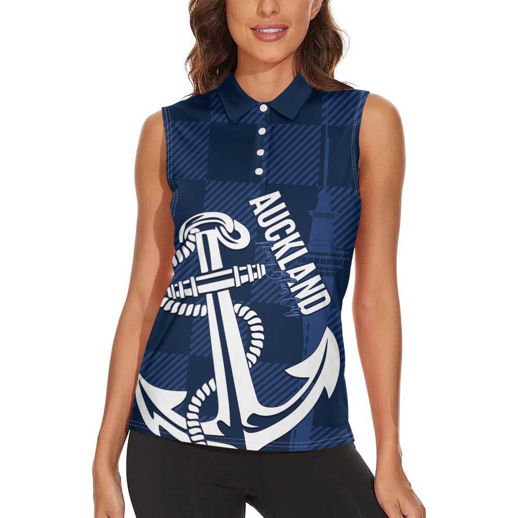 New Zealand Auckland Football Custom Women Sleeveless Polo Shirt Navy Blue City Anchor Sky Tower Symbol LT14 - Polynesian Pride