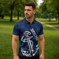New Zealand Auckland Football Custom Zipper Polo Shirt Navy Blue City Anchor Sky Tower Symbol LT14 - Polynesian Pride