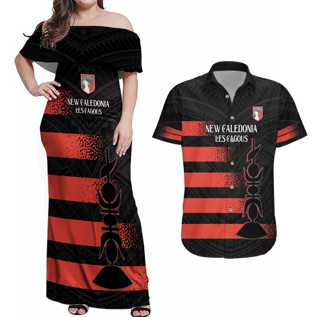 Custom New Caledonia Football Couples Matching Off Shoulder Maxi Dress and Hawaiian Shirt Allez Les Cagous Polynesian Pattern LT14 Black - Polynesian Pride