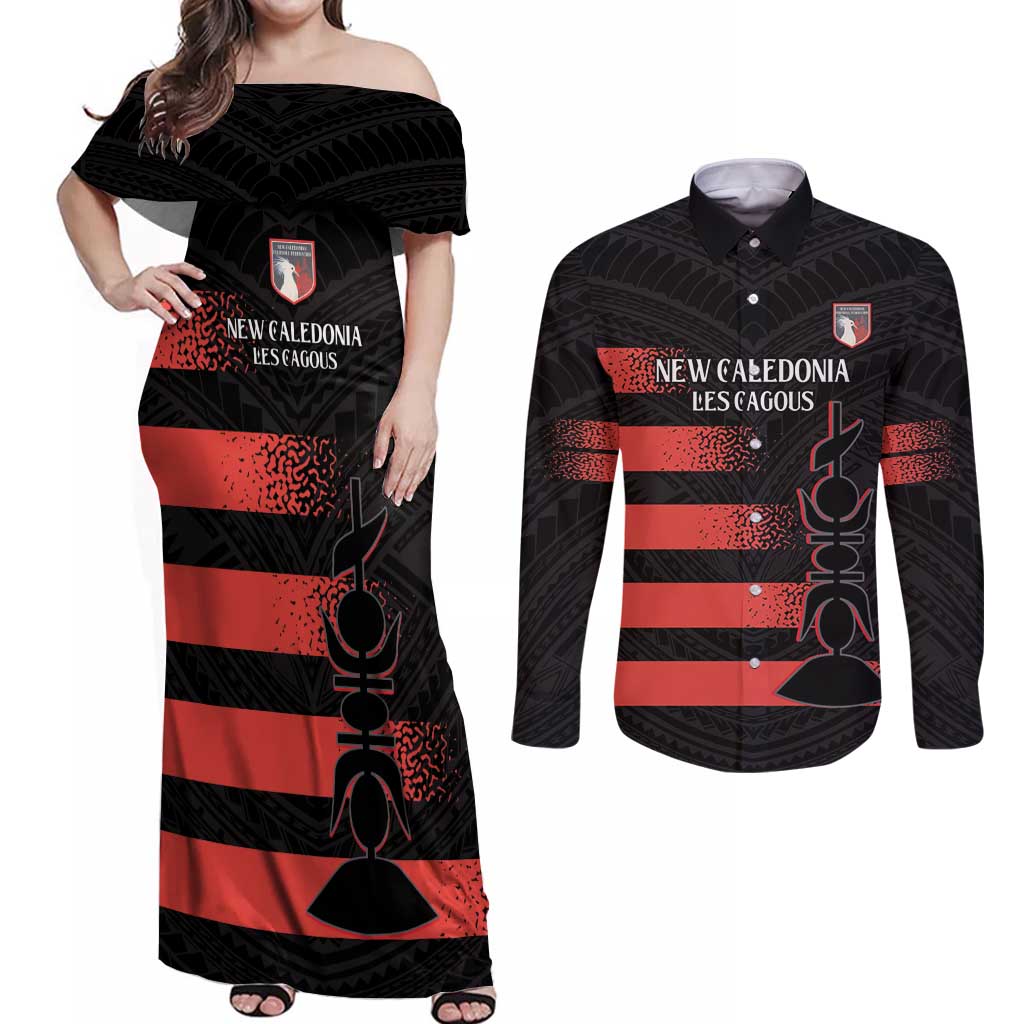 Custom New Caledonia Football Couples Matching Off Shoulder Maxi Dress and Long Sleeve Button Shirt Allez Les Cagous Polynesian Pattern LT14 Black - Polynesian Pride