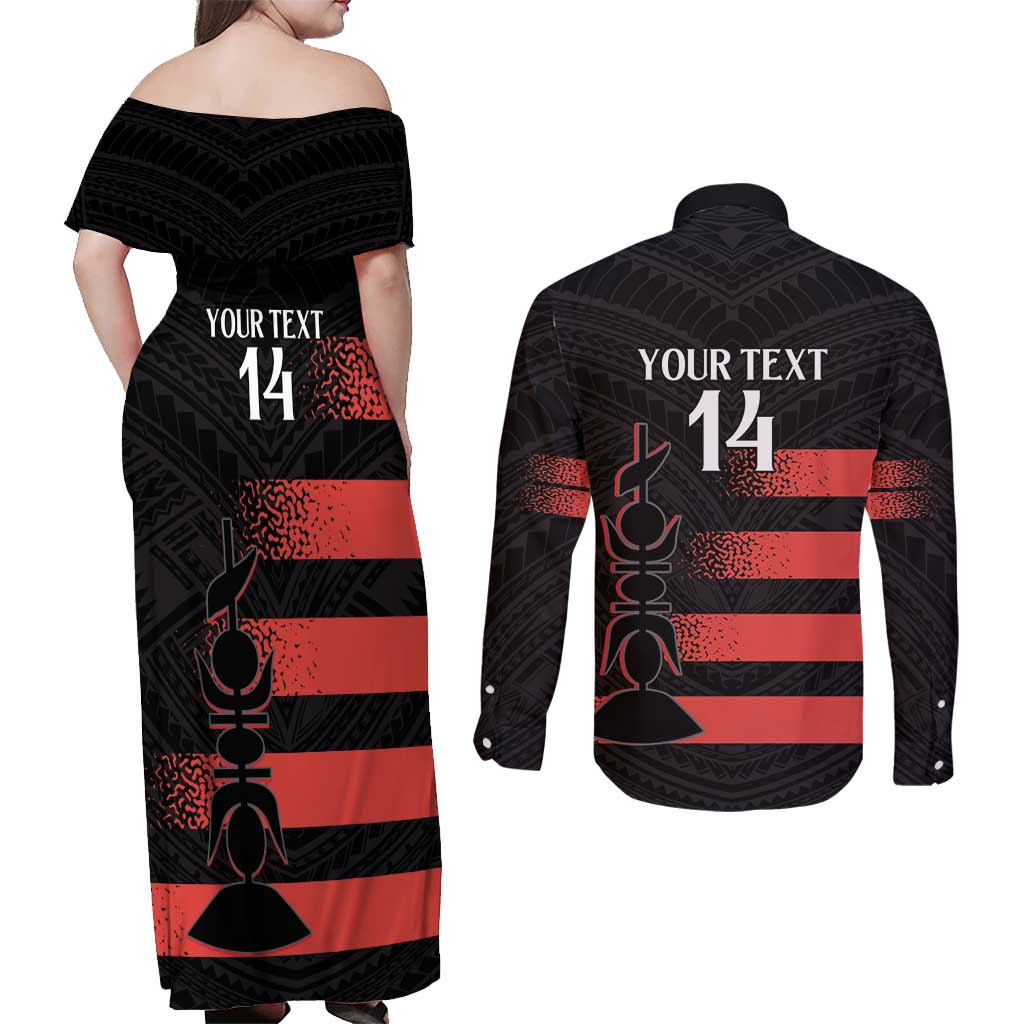 Custom New Caledonia Football Couples Matching Off Shoulder Maxi Dress and Long Sleeve Button Shirt Allez Les Cagous Polynesian Pattern LT14 - Polynesian Pride