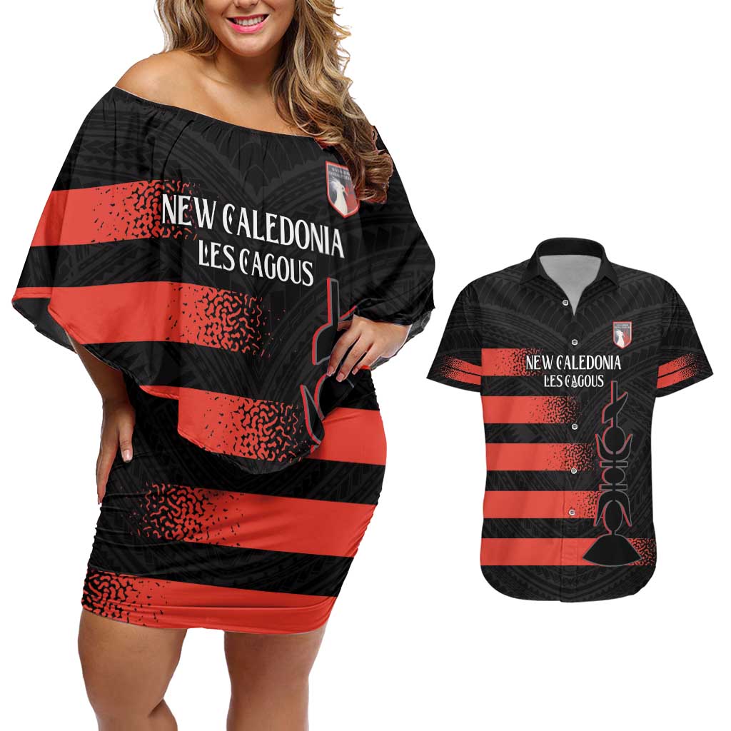 Custom New Caledonia Football Couples Matching Off Shoulder Short Dress and Hawaiian Shirt Allez Les Cagous Polynesian Pattern LT14 Black - Polynesian Pride