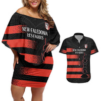Custom New Caledonia Football Couples Matching Off Shoulder Short Dress and Hawaiian Shirt Allez Les Cagous Polynesian Pattern LT14 Black - Polynesian Pride
