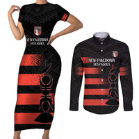 Custom New Caledonia Football Couples Matching Short Sleeve Bodycon Dress and Long Sleeve Button Shirt Allez Les Cagous Polynesian Pattern LT14 Black - Polynesian Pride