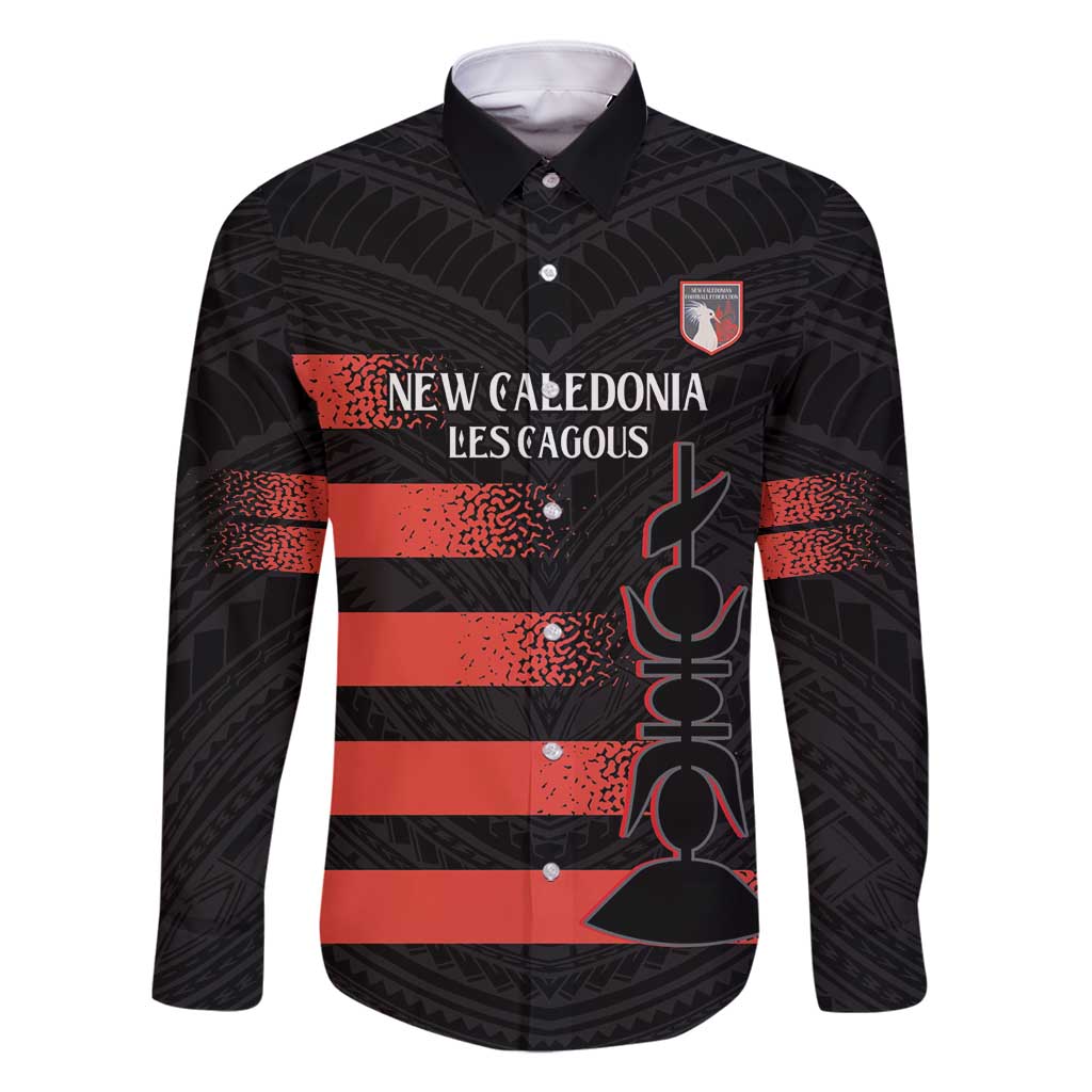 Custom New Caledonia Football Family Matching Mermaid Dress and Hawaiian Shirt Allez Les Cagous Polynesian Pattern LT14 Dad's Shirt - Long Sleeve Black - Polynesian Pride