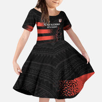 Custom New Caledonia Football Family Matching Off The Shoulder Long Sleeve Dress and Hawaiian Shirt Allez Les Cagous Polynesian Pattern LT14 Daughter's Dress Black - Polynesian Pride