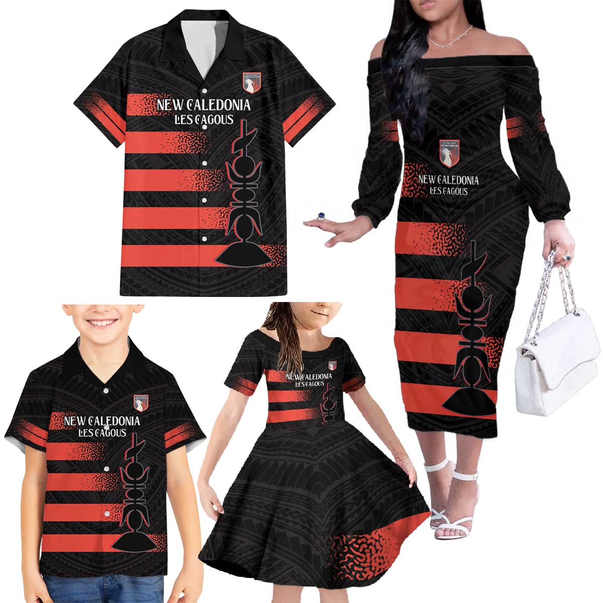 Custom New Caledonia Football Family Matching Off The Shoulder Long Sleeve Dress and Hawaiian Shirt Allez Les Cagous Polynesian Pattern LT14 - Polynesian Pride