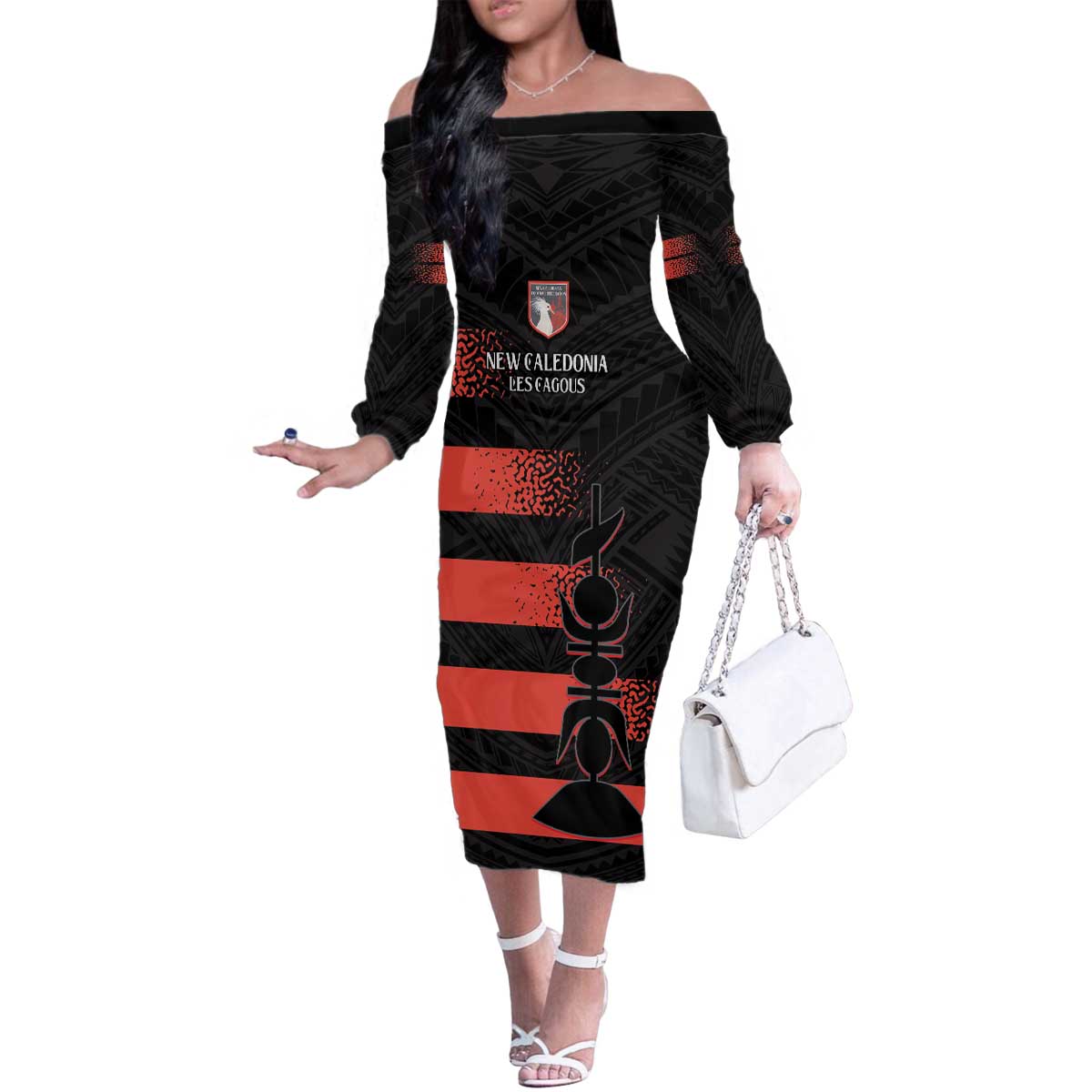 Custom New Caledonia Football Family Matching Off The Shoulder Long Sleeve Dress and Hawaiian Shirt Allez Les Cagous Polynesian Pattern LT14 Mom's Dress Black - Polynesian Pride
