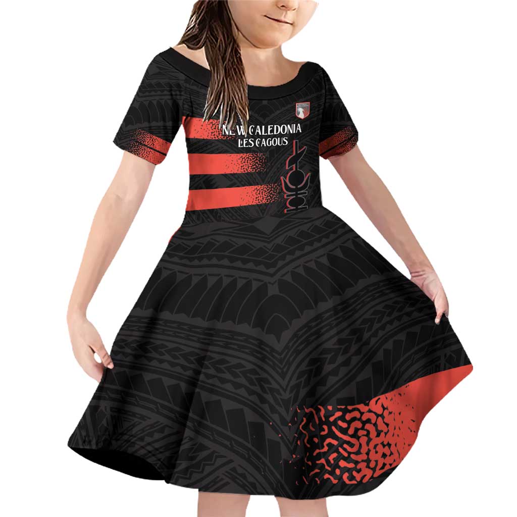 Custom New Caledonia Football Family Matching Off Shoulder Short Dress and Hawaiian Shirt Allez Les Cagous Polynesian Pattern LT14 Daughter's Dress Black - Polynesian Pride