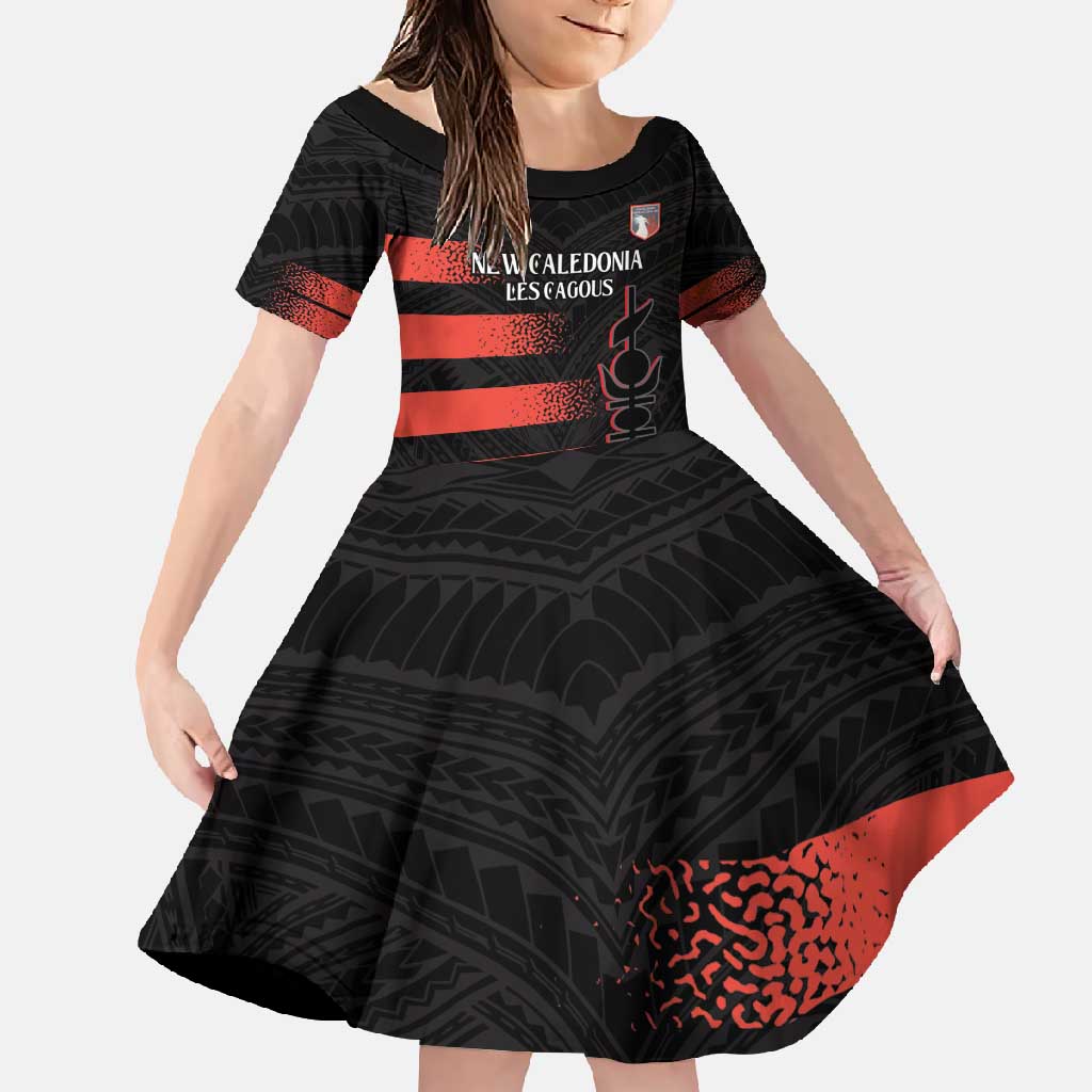 Custom New Caledonia Football Family Matching Summer Maxi Dress and Hawaiian Shirt Allez Les Cagous Polynesian Pattern LT14 Daughter's Dress Black - Polynesian Pride