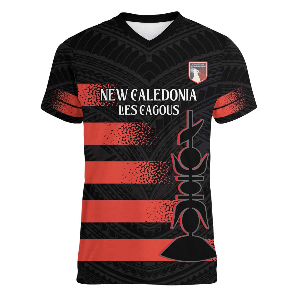 Custom New Caledonia Football Women V-Neck T-Shirt Allez Les Cagous Polynesian Pattern LT14 Female Black - Polynesian Pride