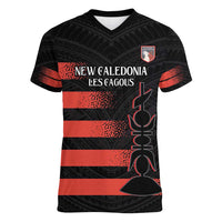 Custom New Caledonia Football Women V-Neck T-Shirt Allez Les Cagous Polynesian Pattern LT14 Female Black - Polynesian Pride