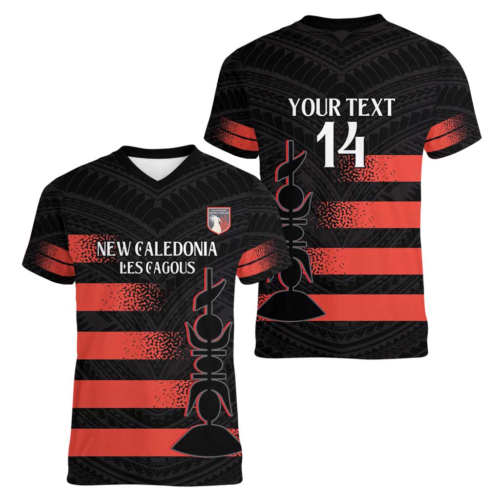 Custom New Caledonia Football Women V-Neck T-Shirt Allez Les Cagous Polynesian Pattern LT14 - Polynesian Pride