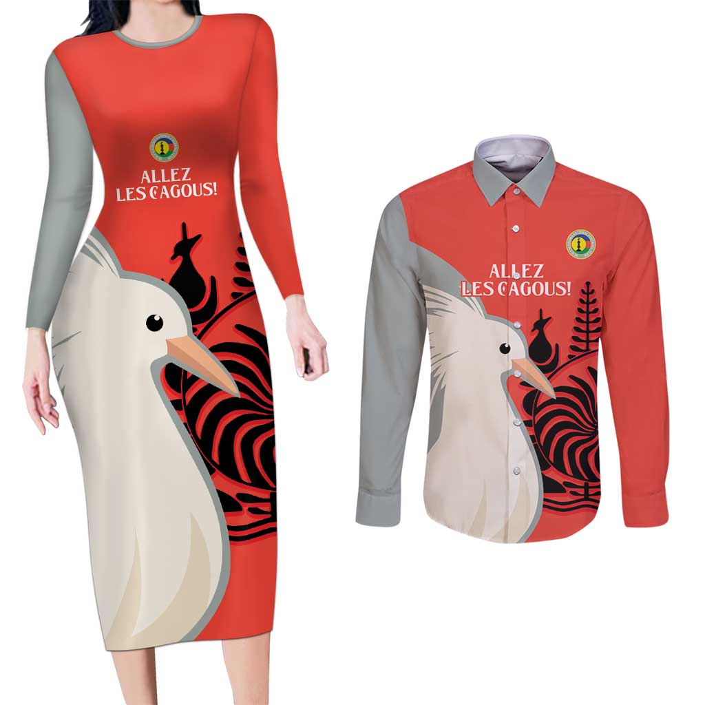 Custom Nouvelle-Caledonie Football Couples Matching Long Sleeve Bodycon Dress and Long Sleeve Button Shirt Allez Les Cagous Simple Style LT14 Red - Polynesian Pride