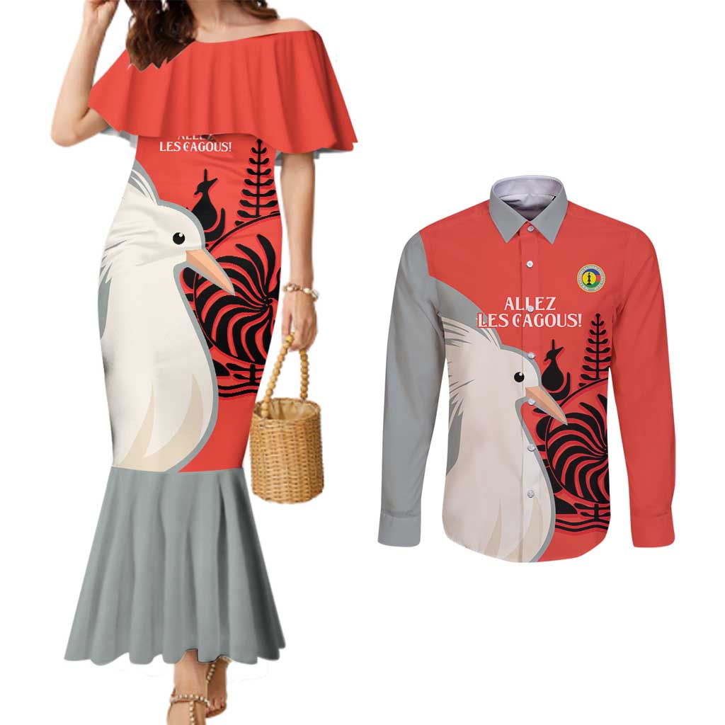 Custom Nouvelle-Caledonie Football Couples Matching Mermaid Dress and Long Sleeve Button Shirt Allez Les Cagous Simple Style LT14 Red - Polynesian Pride