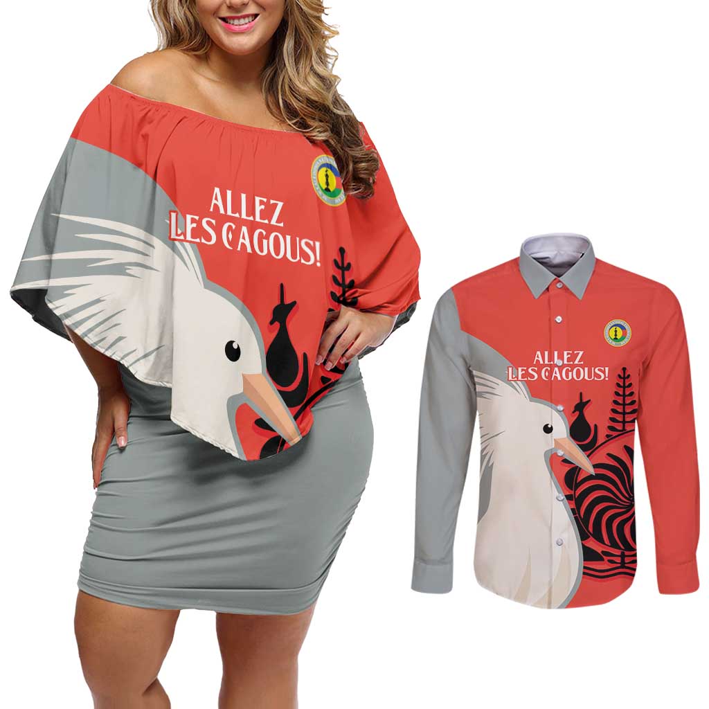 Custom Nouvelle-Caledonie Football Couples Matching Off Shoulder Short Dress and Long Sleeve Button Shirt Allez Les Cagous Simple Style LT14 Red - Polynesian Pride