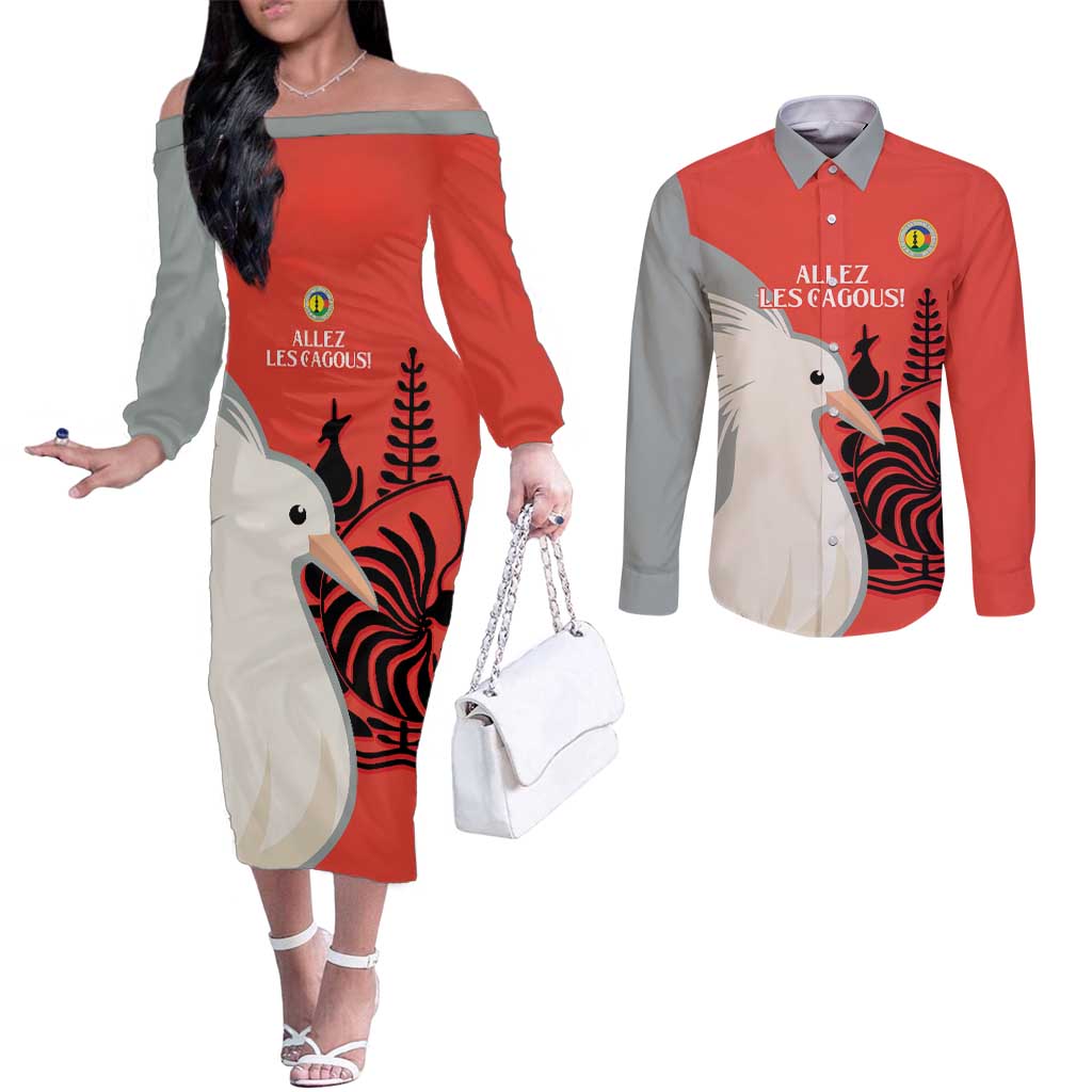 Custom Nouvelle-Caledonie Football Couples Matching Off The Shoulder Long Sleeve Dress and Long Sleeve Button Shirt Allez Les Cagous Simple Style LT14 Red - Polynesian Pride