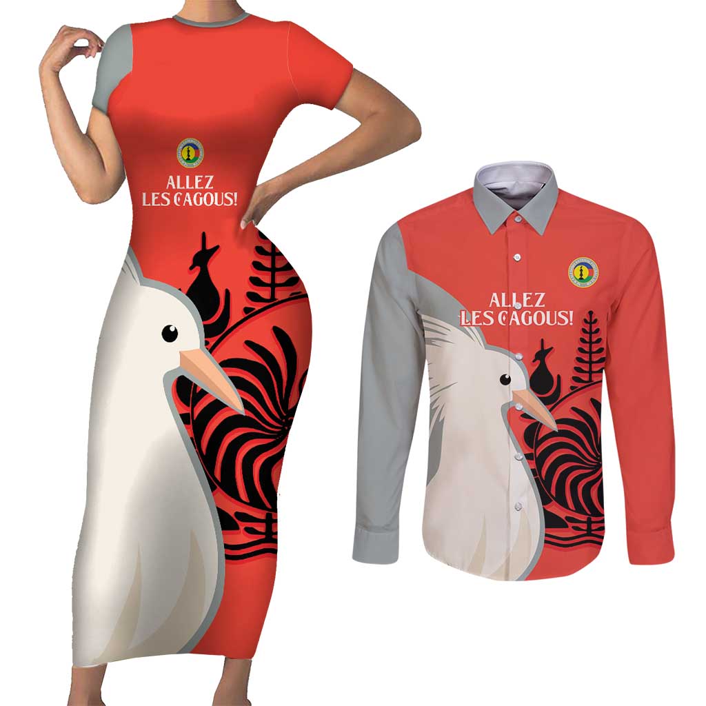 Custom Nouvelle-Caledonie Football Couples Matching Short Sleeve Bodycon Dress and Long Sleeve Button Shirt Allez Les Cagous Simple Style LT14 Red - Polynesian Pride