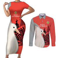 Custom Nouvelle-Caledonie Football Couples Matching Short Sleeve Bodycon Dress and Long Sleeve Button Shirt Allez Les Cagous Simple Style LT14 Red - Polynesian Pride