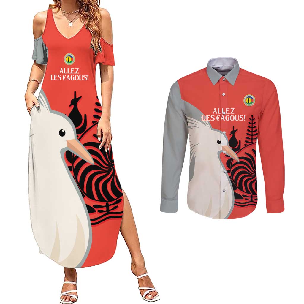 Custom Nouvelle-Caledonie Football Couples Matching Summer Maxi Dress and Long Sleeve Button Shirt Allez Les Cagous Simple Style LT14 Red - Polynesian Pride