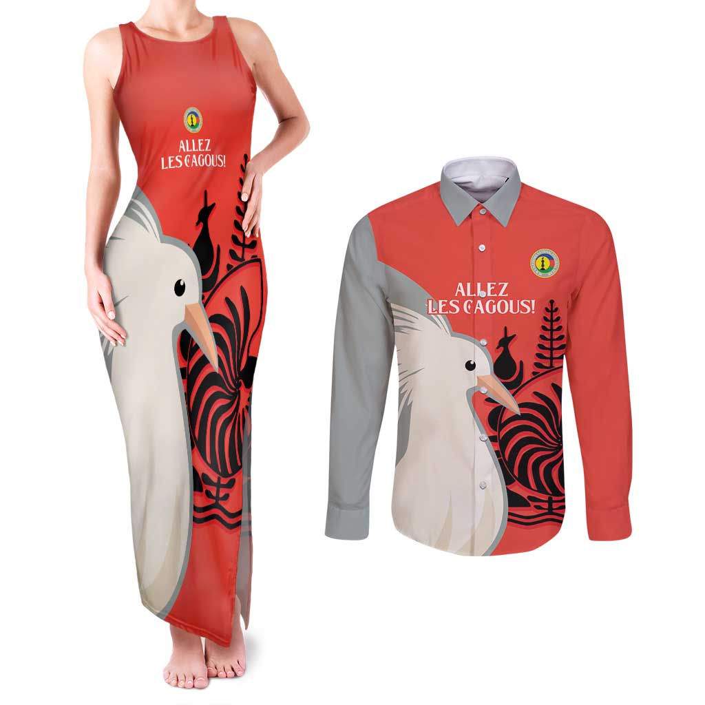 Custom Nouvelle-Caledonie Football Couples Matching Tank Maxi Dress and Long Sleeve Button Shirt Allez Les Cagous Simple Style LT14 Red - Polynesian Pride
