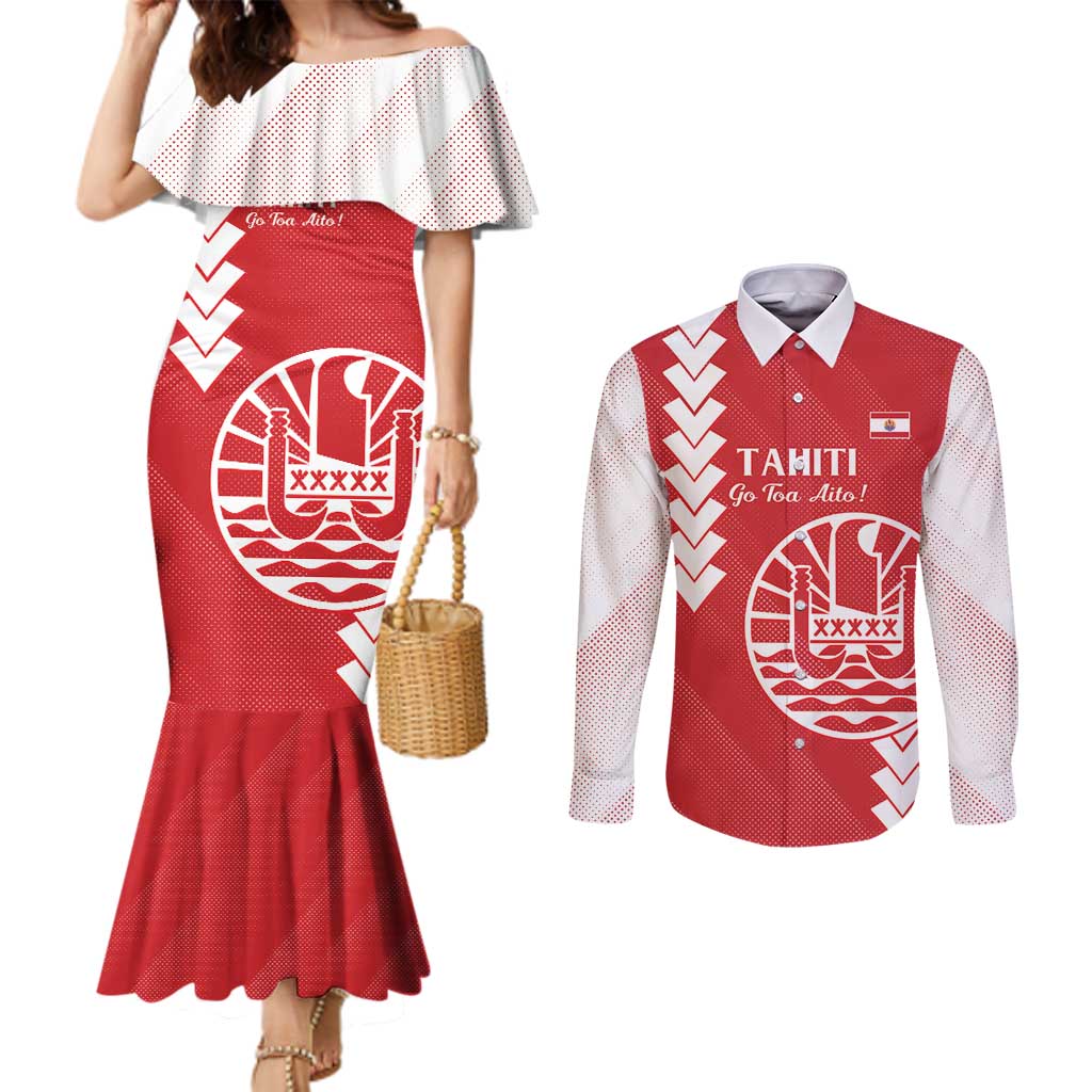 Custom Tahiti Football Couples Matching Mermaid Dress and Long Sleeve Button Shirt Go Toa Aito LT14 Red - Polynesian Pride