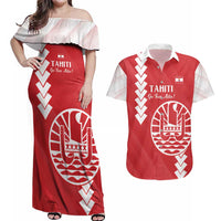Custom Tahiti Football Couples Matching Off Shoulder Maxi Dress and Hawaiian Shirt Go Toa Aito LT14 Red - Polynesian Pride