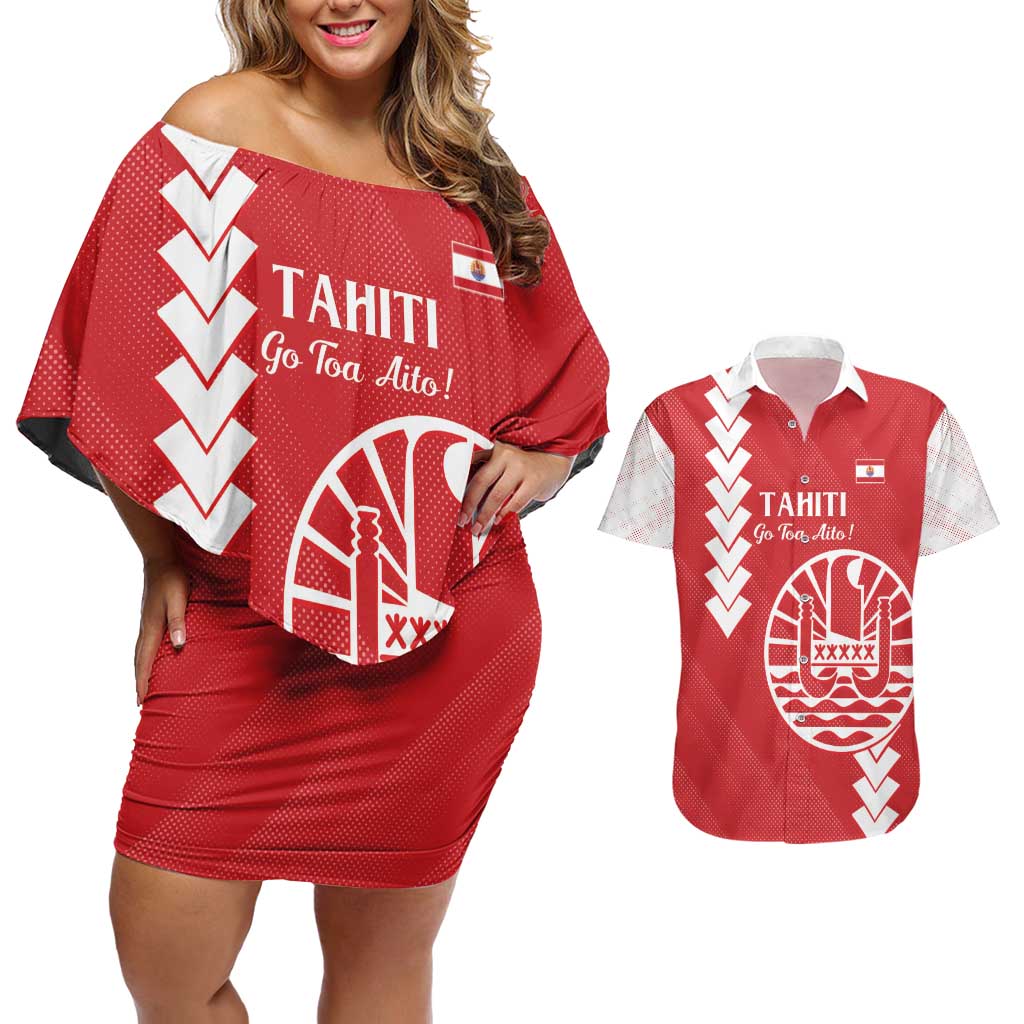Custom Tahiti Football Couples Matching Off Shoulder Short Dress and Hawaiian Shirt Go Toa Aito LT14 Red - Polynesian Pride