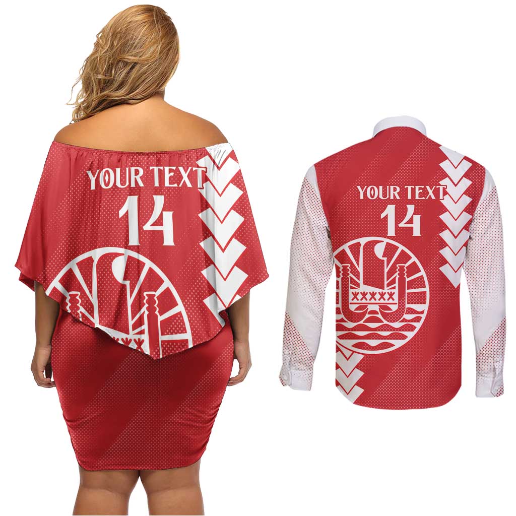Custom Tahiti Football Couples Matching Off Shoulder Short Dress and Long Sleeve Button Shirt Go Toa Aito LT14 - Polynesian Pride