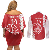 Custom Tahiti Football Couples Matching Off Shoulder Short Dress and Long Sleeve Button Shirt Go Toa Aito LT14 - Polynesian Pride