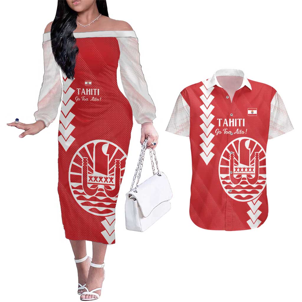 Custom Tahiti Football Couples Matching Off The Shoulder Long Sleeve Dress and Hawaiian Shirt Go Toa Aito LT14 Red - Polynesian Pride
