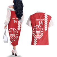 Custom Tahiti Football Couples Matching Off The Shoulder Long Sleeve Dress and Hawaiian Shirt Go Toa Aito LT14 - Polynesian Pride