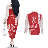 Custom Tahiti Football Couples Matching Off The Shoulder Long Sleeve Dress and Long Sleeve Button Shirt Go Toa Aito LT14 - Polynesian Pride