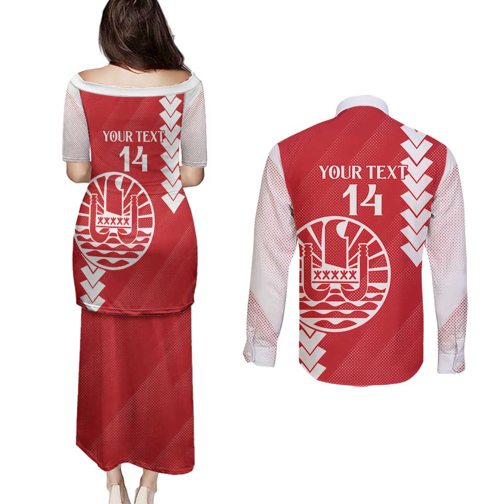 Custom Tahiti Football Couples Matching Puletasi and Long Sleeve Button Shirt Go Toa Aito LT14 - Polynesian Pride
