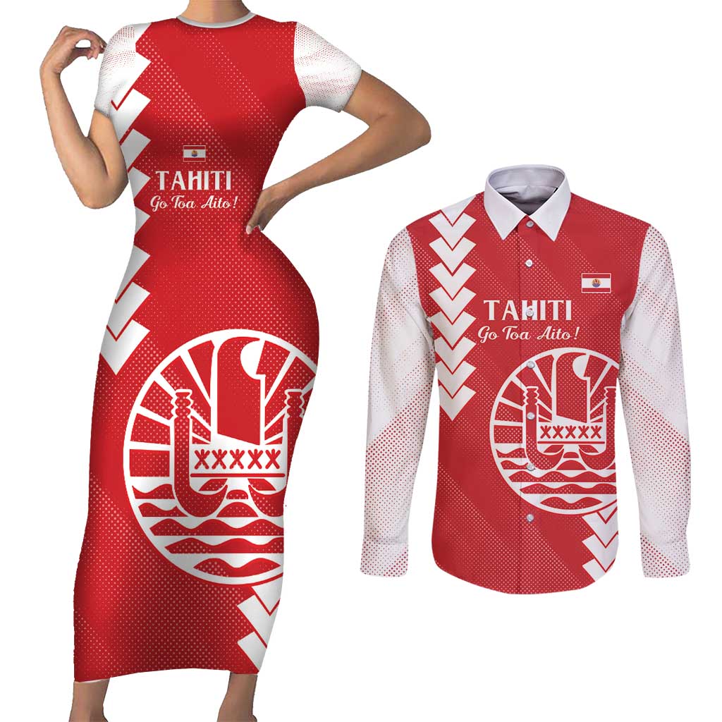 Custom Tahiti Football Couples Matching Short Sleeve Bodycon Dress and Long Sleeve Button Shirt Go Toa Aito LT14 Red - Polynesian Pride