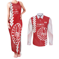 Custom Tahiti Football Couples Matching Tank Maxi Dress and Long Sleeve Button Shirt Go Toa Aito LT14 Red - Polynesian Pride
