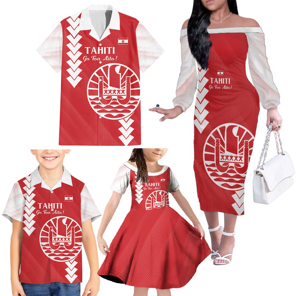 Custom Tahiti Football Family Matching Off The Shoulder Long Sleeve Dress and Hawaiian Shirt Go Toa Aito LT14 - Polynesian Pride