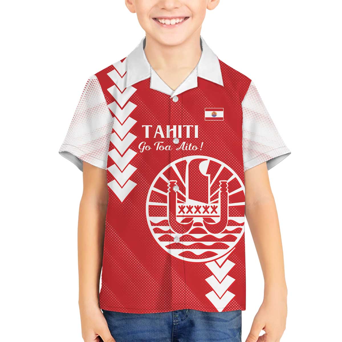Custom Tahiti Football Family Matching Off The Shoulder Long Sleeve Dress and Hawaiian Shirt Go Toa Aito LT14 Son's Shirt Red - Polynesian Pride