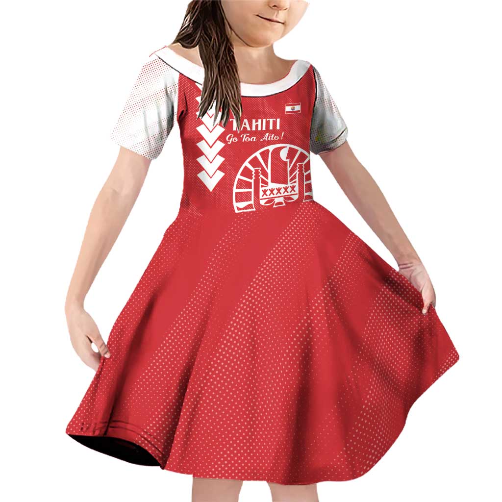 Custom Tahiti Football Family Matching Off Shoulder Short Dress and Hawaiian Shirt Go Toa Aito LT14 Daughter's Dress Red - Polynesian Pride