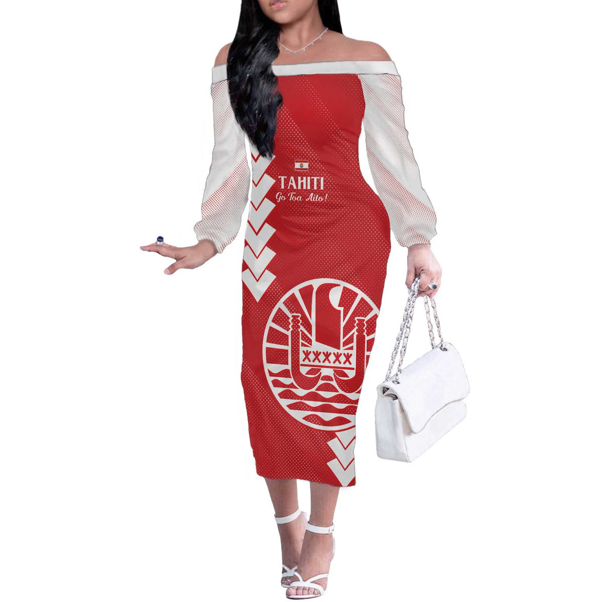 Custom Tahiti Football Off The Shoulder Long Sleeve Dress Go Toa Aito LT14 Women Red - Polynesian Pride
