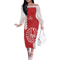 Custom Tahiti Football Off The Shoulder Long Sleeve Dress Go Toa Aito LT14 Women Red - Polynesian Pride
