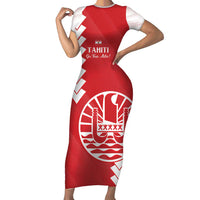 Custom Tahiti Football Short Sleeve Bodycon Dress Go Toa Aito LT14 Long Dress Red - Polynesian Pride