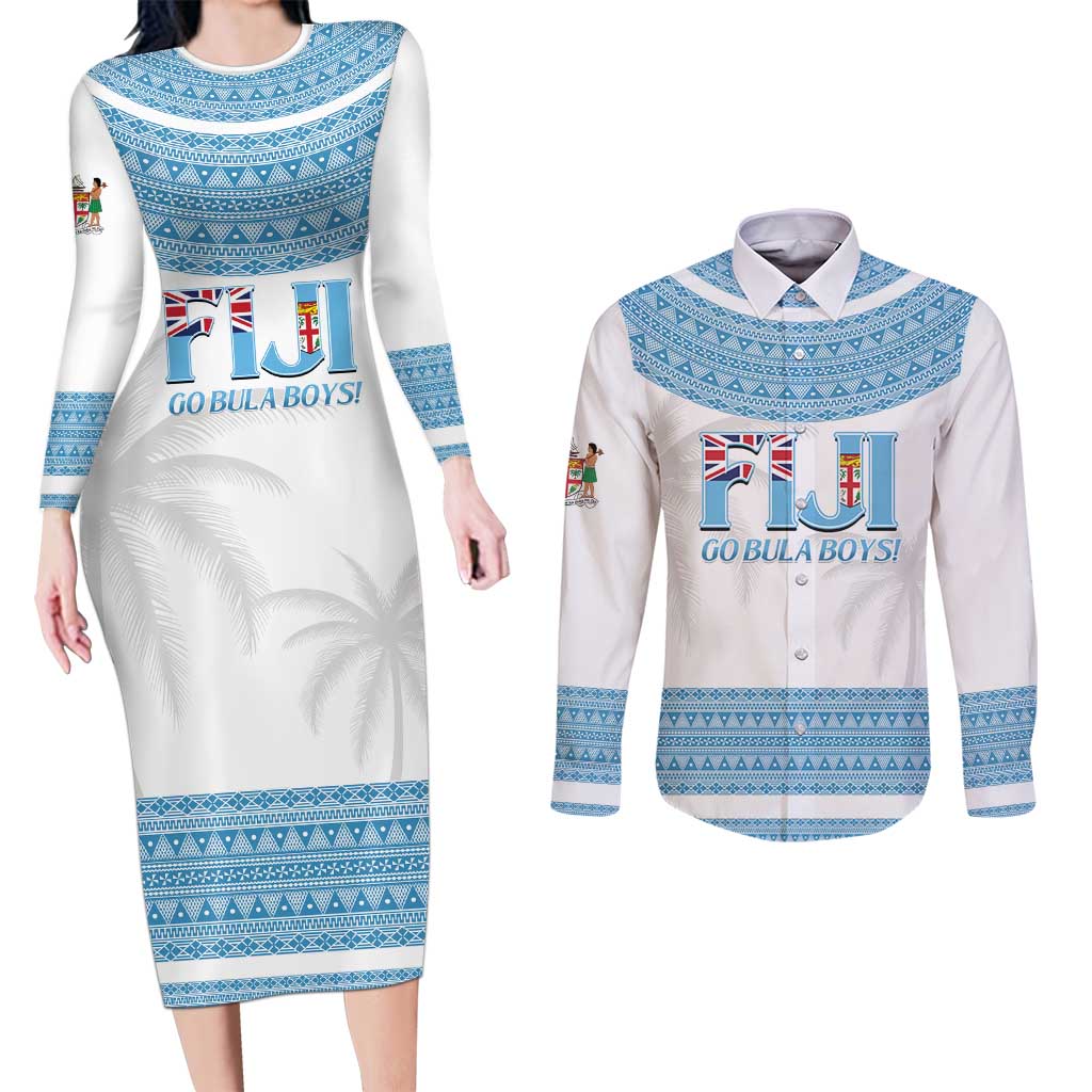 Custom Fiji Tapa Football Couples Matching Long Sleeve Bodycon Dress and Long Sleeve Button Shirt Go Bula Boy! LT14 White - Polynesian Pride