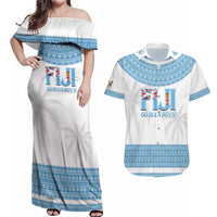 Custom Fiji Tapa Football Couples Matching Off Shoulder Maxi Dress and Hawaiian Shirt Go Bula Boy! LT14 White - Polynesian Pride