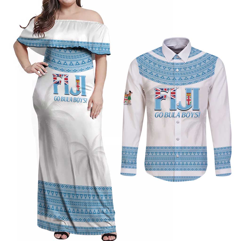 Custom Fiji Tapa Football Couples Matching Off Shoulder Maxi Dress and Long Sleeve Button Shirt Go Bula Boy! LT14 White - Polynesian Pride
