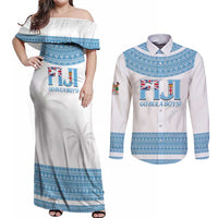 Custom Fiji Tapa Football Couples Matching Off Shoulder Maxi Dress and Long Sleeve Button Shirt Go Bula Boy! LT14 White - Polynesian Pride