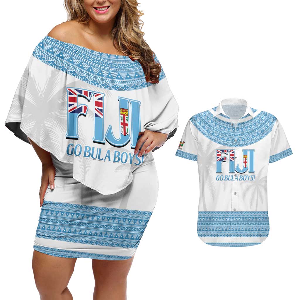 Custom Fiji Tapa Football Couples Matching Off Shoulder Short Dress and Hawaiian Shirt Go Bula Boy! LT14 White - Polynesian Pride